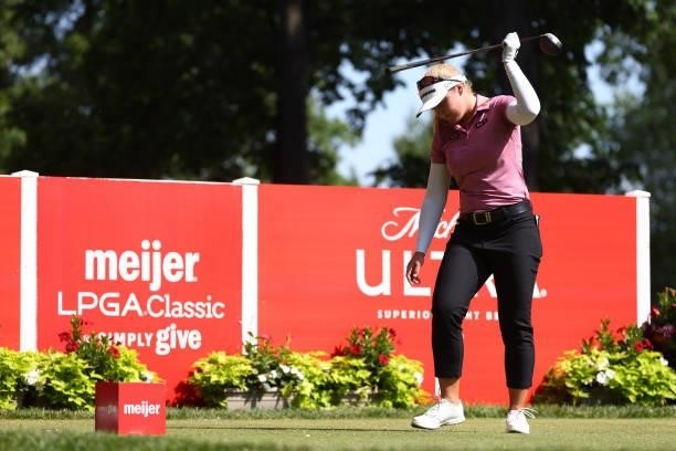 Brooke Henderson of Canada reacts her tee shot on the sixth hole during round one of the Meijer LPGA Classic for Simply Give at Blythefield Country...