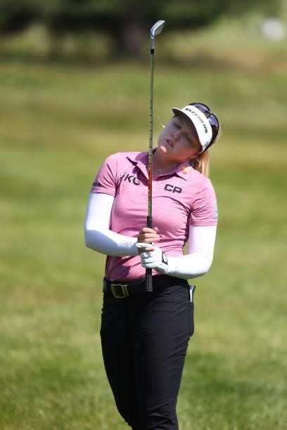 Brooke Henderson of Canada reacts to her second shot on the sixth hole during round one of the Meijer LPGA Classic for Simply Give at Blythefield...