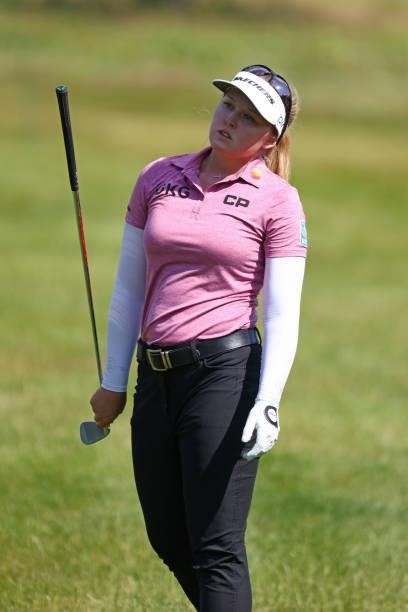Brooke Henderson of Canada reacts to her second shot on the sixth hole during round one of the Meijer LPGA Classic for Simply Give at Blythefield...