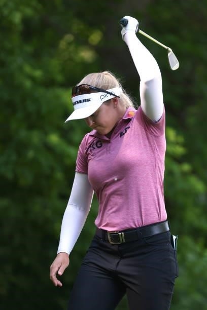Brooke Henderson of Canada reacts to her tee shot on the seventh hole during round one of the Meijer LPGA Classic for Simply Give at Blythefield...