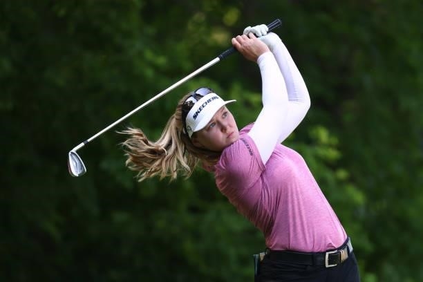 Brooke Henderson of Canada watches her tee shot on the seventh hole during round one of the Meijer LPGA Classic for Simply Give at Blythefield...