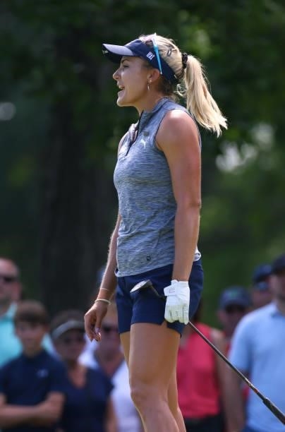Lexi Thompson reacts to her putt the fifth green during round one of the Meijer LPGA Classic for Simply Give at Blythefield Country Club on June 17,...