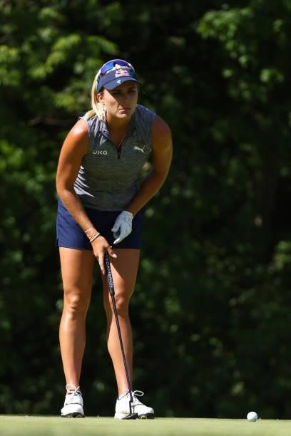 Lexi Thompson reads a putt on the sixth green during round one of the Meijer LPGA Classic for Simply Give at Blythefield Country Club on June 17,...