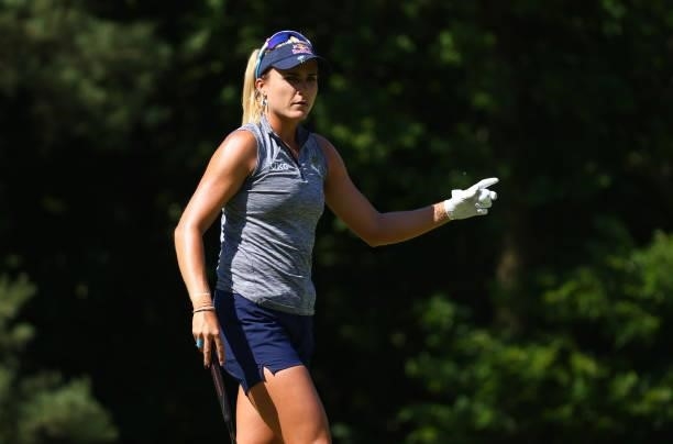 Lexi Thompson reacts to her par on the sixth green during round one of the Meijer LPGA Classic for Simply Give at Blythefield Country Club on June...