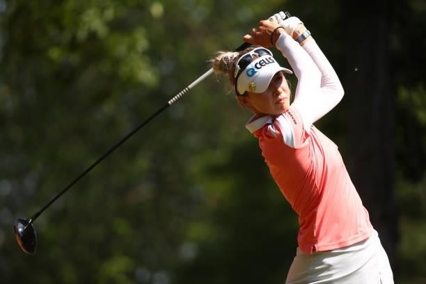 Nelly Korda watches her drive on the sixth hole during round one of the Meijer LPGA Classic for Simply Give at Blythefield Country Club on June 17,...