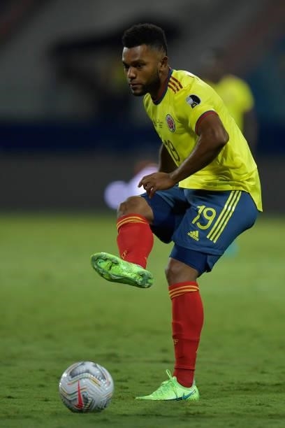 Miguel Borja of Colombia controls the ballduring a Group B match between Colombia and Venezuela as part of Copa America Brazil 2021 at Estadio...