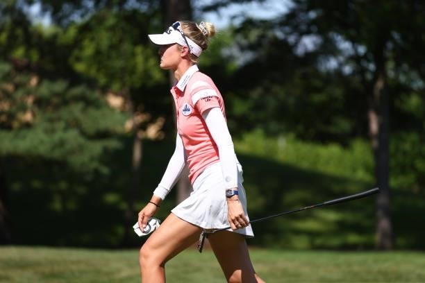 Nelly Korda walks to the sixth green during round one of the Meijer LPGA Classic for Simply Give at Blythefield Country Club on June 17, 2021 in...