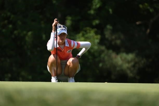 Nelly Korda reads a putt on the sixth green during round one of the Meijer LPGA Classic for Simply Give at Blythefield Country Club on June 17, 2021...