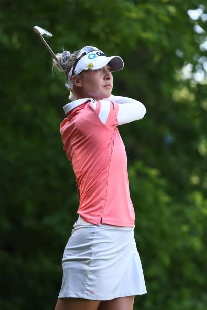 Nelly Korda watches her tee shot on the seventh hole during round one of the Meijer LPGA Classic for Simply Give at Blythefield Country Club on June...