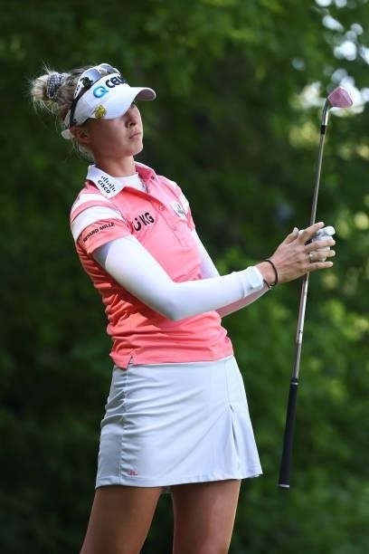 Nelly Korda watches her tee shot on the seventh hole during round one of the Meijer LPGA Classic for Simply Give at Blythefield Country Club on June...