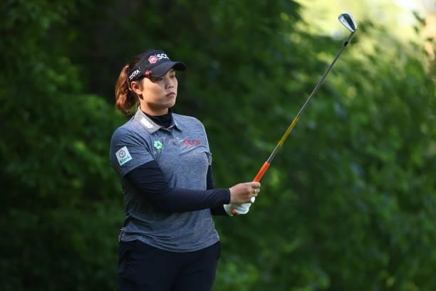 Ariya Jutanugarn from Thailand watches her tee shot on the seventh hole during round one of the Meijer LPGA Classic for Simply Give at Blythefield...