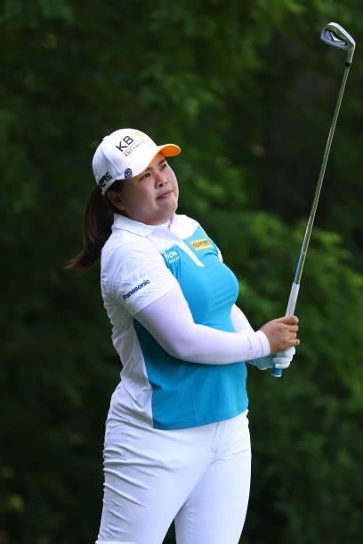 Inbee Park of Korea watches her tee shot on the seventh hole during round one of the Meijer LPGA Classic for Simply Give at Blythefield Country Club...