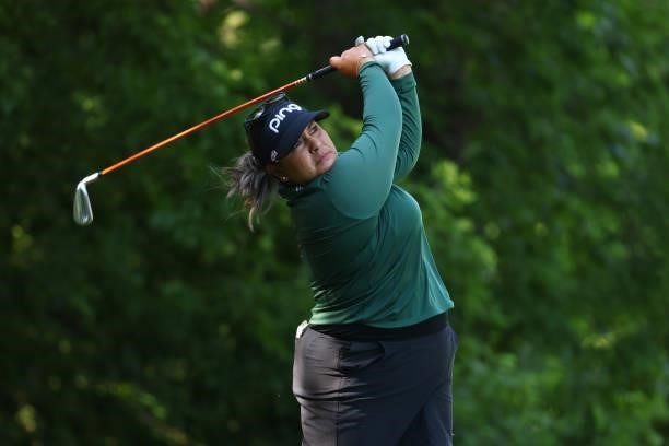 Lizette Salas watches her tee shot on the seventh hole during round one of the Meijer LPGA Classic for Simply Give at Blythefield Country Club on...