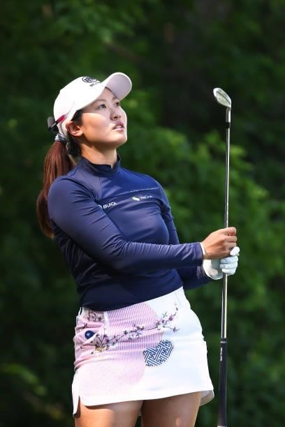 Xiyu Lin of China watches her tee shot on the seventh hole during round one of the Meijer LPGA Classic for Simply Give at Blythefield Country Club on...
