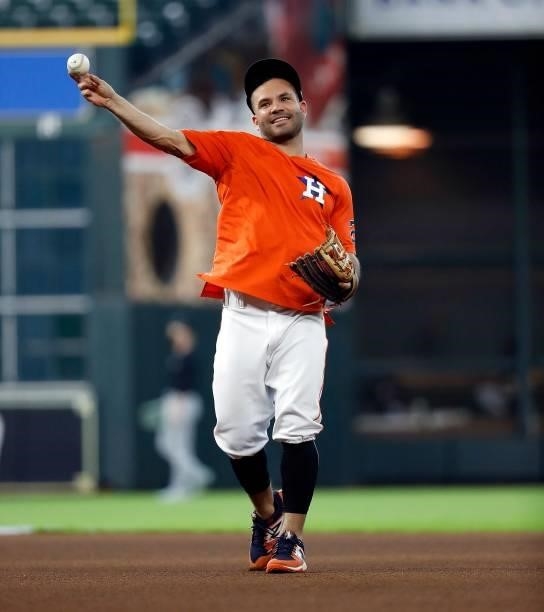 Jose Altuve of the Houston Astros warms up before playing the Chicago White Sox at Minute Maid Park on June 17, 2021 in Houston, Texas.