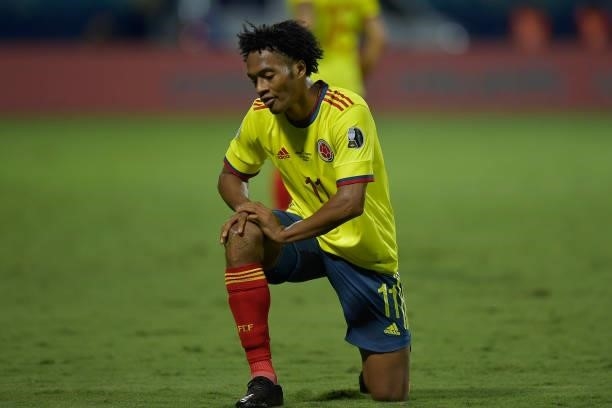 Juan Cuadrado of Colombia reacts during a Group B match between Colombia and Venezuela as part of Copa America Brazil 2021 at Estadio Olimpico on...