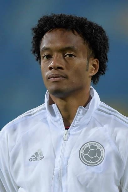 Juan Cuadrado of Colombia looks on prior to a Group B match between Colombia and Venezuela as part of Copa America Brazil 2021 at Estadio Olimpico on...