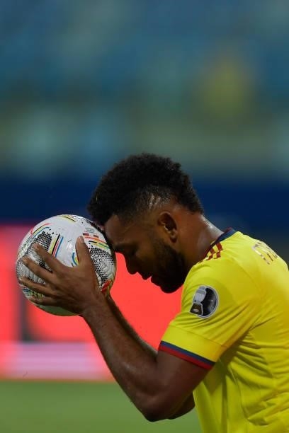 Miguel Borja of Colombia reacts as he holds the ball during a Group B match between Colombia and Venezuela as part of Copa America Brazil 2021 at...