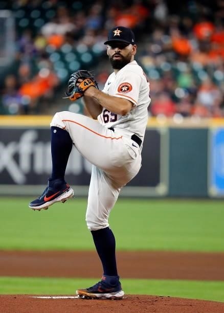Jose Urquidy of the Houston Astros pitches in the first inning against the Chicago White Sox at Minute Maid Park on June 17, 2021 in Houston, Texas.
