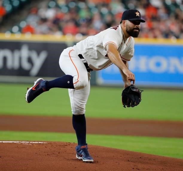 Jose Urquidy of the Houston Astros pitches in the first inning against the Chicago White Sox at Minute Maid Park on June 17, 2021 in Houston, Texas.