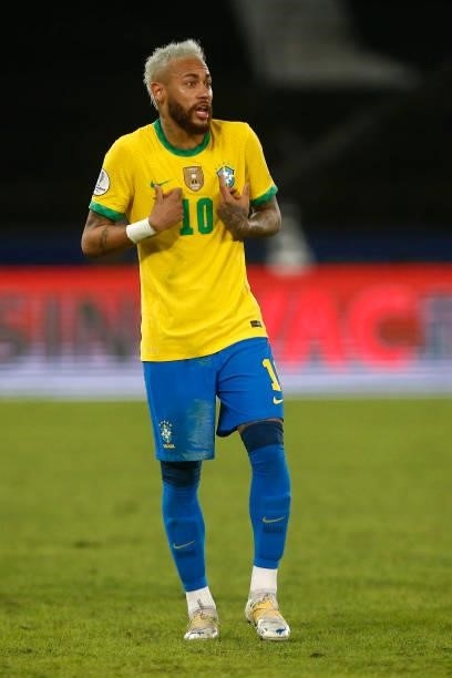 Neymar Jr. Of Brazil reacts during a match between Brazil and Peru as part of Group B of Copa America Brazil 2021 at Estadio Olímpico Nilton Santos...