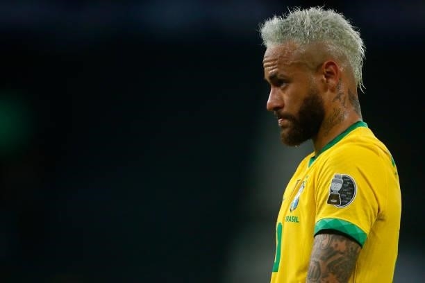 Neymar Jr. Of Brazil reacts during a match between Brazil and Peru as part of Group B of Copa America Brazil 2021 at Estadio Olímpico Nilton Santos...