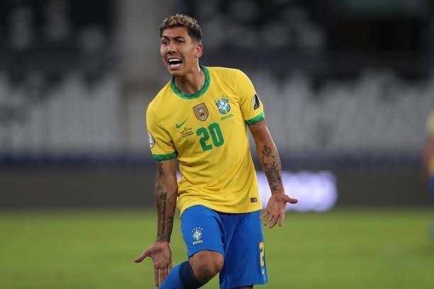 Roberto Firmino of Brazil reacts during a match between Brazil and Peru as part of Group B of Copa America Brazil 2021 at Estadio Olímpico Nilton...