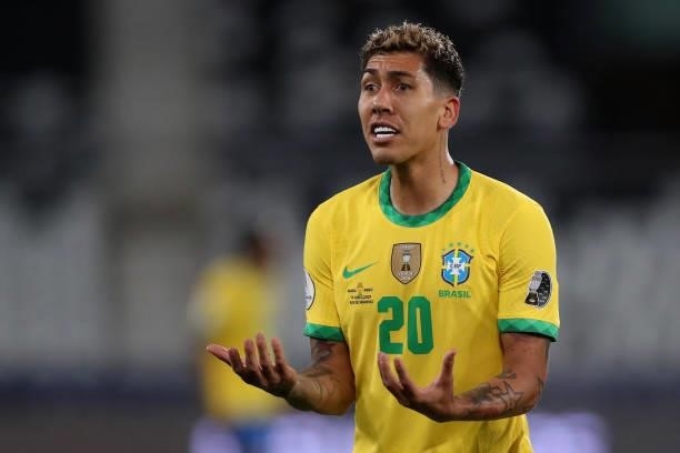 Roberto Firmino of Brazil reacts during a match between Brazil and Peru as part of Group B of Copa America Brazil 2021 at Estadio Olímpico Nilton...