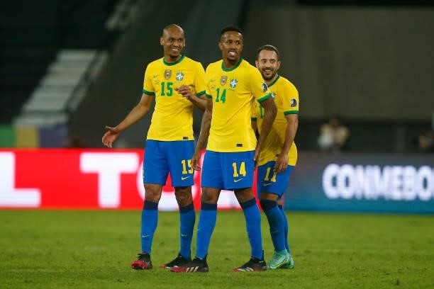 Fabinho, Eder Militao and Everton Ribeiro of Brazil smile after a match between Brazil and Peru as part of Group B of Copa America Brazil 2021 at...