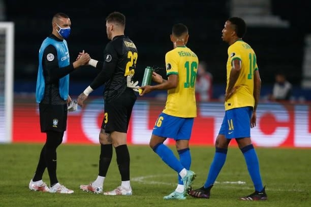 Ederson of Brazil greets teammates after winning a match between Brazil and Peru as part of Group B of Copa America Brazil 2021 at Estadio Olímpico...