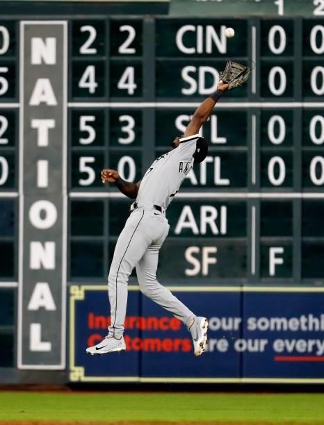 Tim Anderson of the Chicago White Sox makes a catch on a pop fly off the bat of Michael Brantley of the Houston Astros in the fifth inning at Minute...