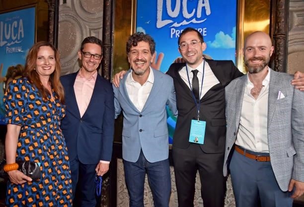 Andrea Warren, Mike Jones, Enrico Casarosa, Jesse Andrews, and Dan Romer arrive at the world premiere for LUCA, held at the El Capitan Theatre in...