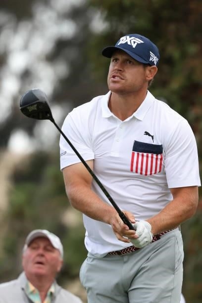 Kyle Westmoreland of the United States reacts to his tee shot on the 18th hole during the first round of the 2021 U.S. Open at Torrey Pines Golf...