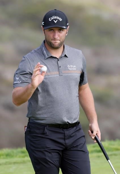 Jon Rahm of Spain waves after making par on the 16th green during the first round of the 2021 U.S. Open at Torrey Pines Golf Course on June 17, 2021...