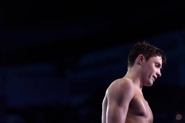 Bobby Finke of the United States reacts after competing in the Men's 800m freestyle final during Day Five of the 2021 U.S. Olympic Team Swimming...