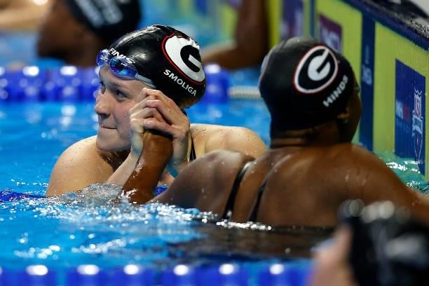 Olivia Smoliga of the United States reacts after competing in a preliminary heat for the Women’s 100m freestyle during Day Five of the 2021 U.S....