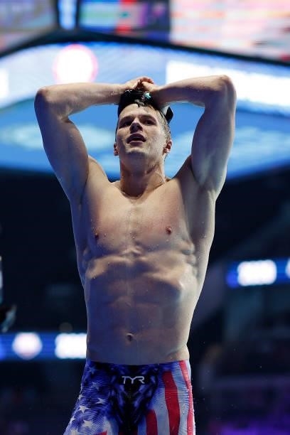 Nic Fink of the United States reacts after competing in the Men's 200m breaststroke final during Day Five of the 2021 U.S. Olympic Team Swimming...