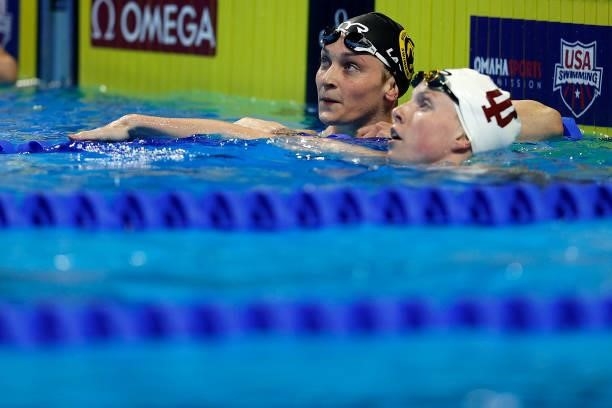 Lilly King and Annie Lazor of the United States react after competing in a semifinal heat for the Women's 200m Breaststroke during Day Five of the...