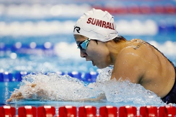 Micah Sumrall of the United States competes in a semifinal heat for the Women's 200m breaststroke during Day Five of the 2021 U.S. Olympic Team...