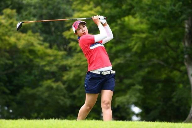 Maiko Wakabayashi of Japan hits her tee shot on the 12th hole during the first round of Nichirei Ladies at Sodegaura Country Club Shinsode Course on...