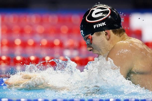 Nic Fink of the United States competes in the Men's 200m breaststroke final during Day Five of the 2021 U.S. Olympic Team Swimming Trials at CHI...