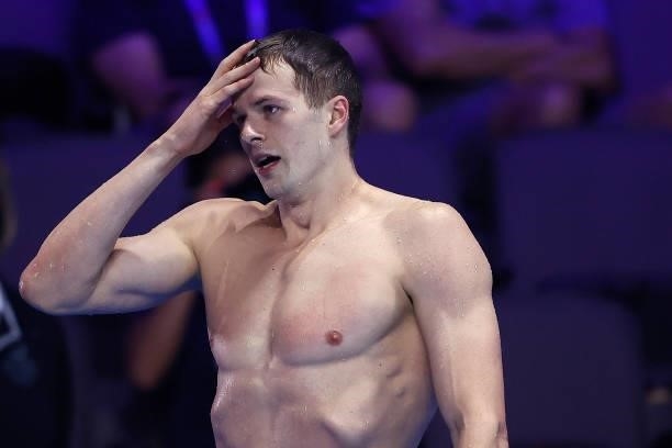 Nic Fink of the United States reacts after competing in the Men's 200m breaststroke final during Day Five of the 2021 U.S. Olympic Team Swimming...