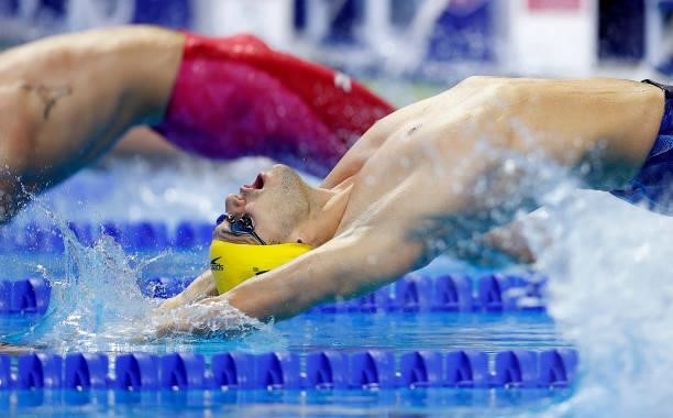 Bryce Mefford of the United States competes in the Men's 200m Semi Final Backstroke during Day Five of the 2021 U.S. Olympic Team Swimming Trials at...