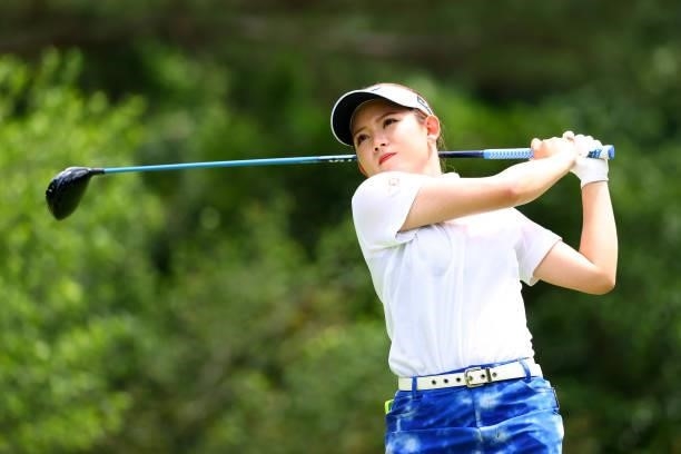 Hikaru Yoshimoto of Japan hits her tee shot on the 13th hole during the first round of Nichirei Ladies at Sodegaura Country Club Shinsode Course on...