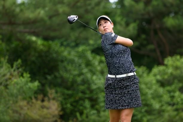 Mami Fukuda of Japan hits her tee shot on the 13th hole during the first round of Nichirei Ladies at Sodegaura Country Club Shinsode Course on June...