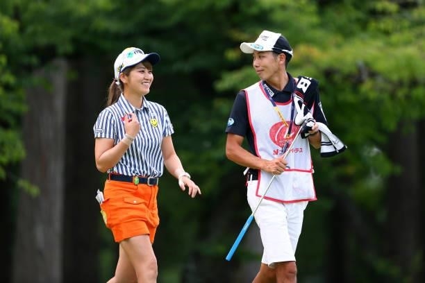 Hikari Tanabe of Japan smiles after holing out on the 9th green during the first round of Nichirei Ladies at Sodegaura Country Club Shinsode Course...