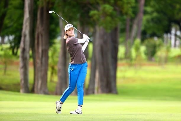 Karis Davidson of Australia hits her second shot on the 17th hole during the first round of Nichirei Ladies at Sodegaura Country Club Shinsode Course...