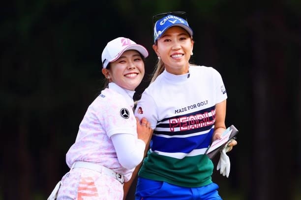 Yuri Yoshida and Momoko Ueda of Japan pose during the first round of Nichirei Ladies at Sodegaura Country Club Shinsode Course on June 18, 2021 in...