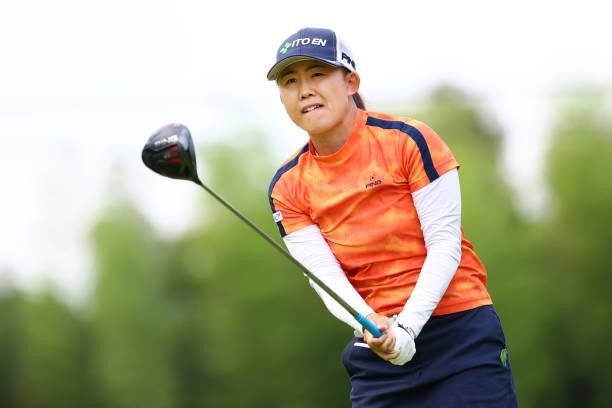 Yoko Maeda of Japan hits her tee shot on the 9th hole during the first round of Nichirei Ladies at Sodegaura Country Club Shinsode Course on June 18,...