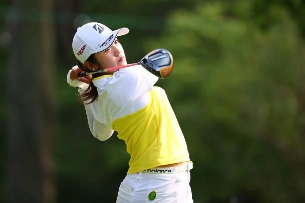 Mone Inami of Japan hits her tee shot on the 18th hole during the first round of Nichirei Ladies at Sodegaura Country Club Shinsode Course on June...